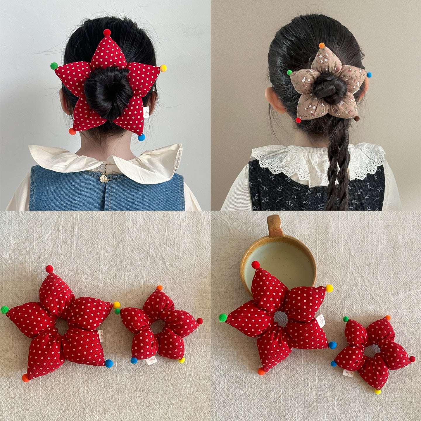 Wholesale Girls'  polka dot and striped five-pointed star Hair Scrunchies