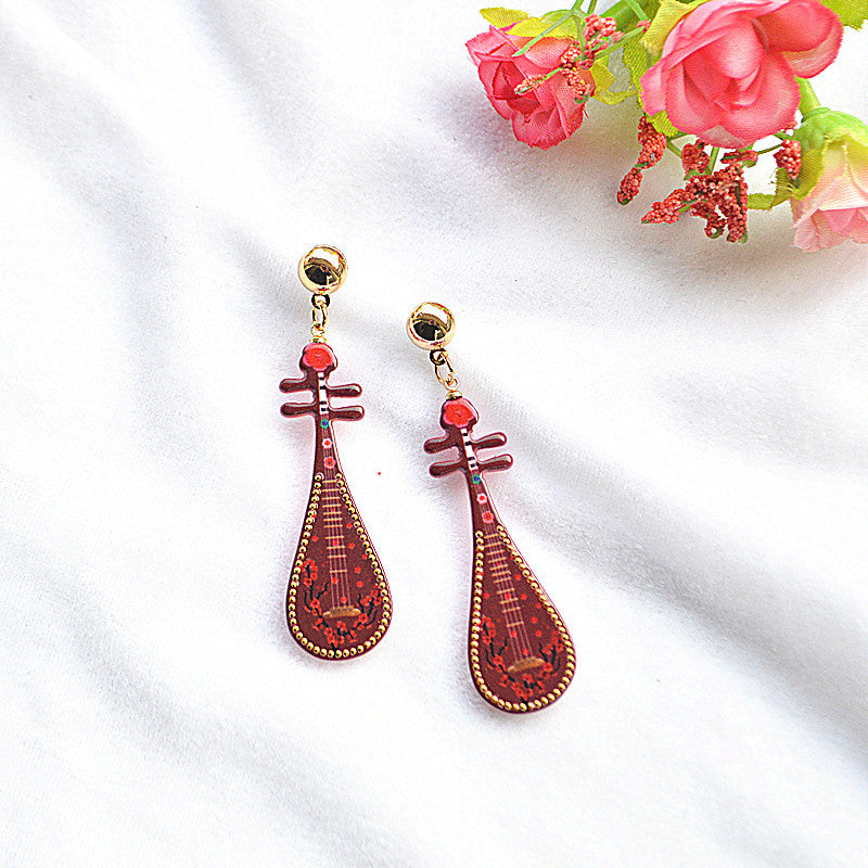 Wholesale Vintage Imitation Musical Instrument Metal Dripping Oil Pipa Long Tassel Earrings
