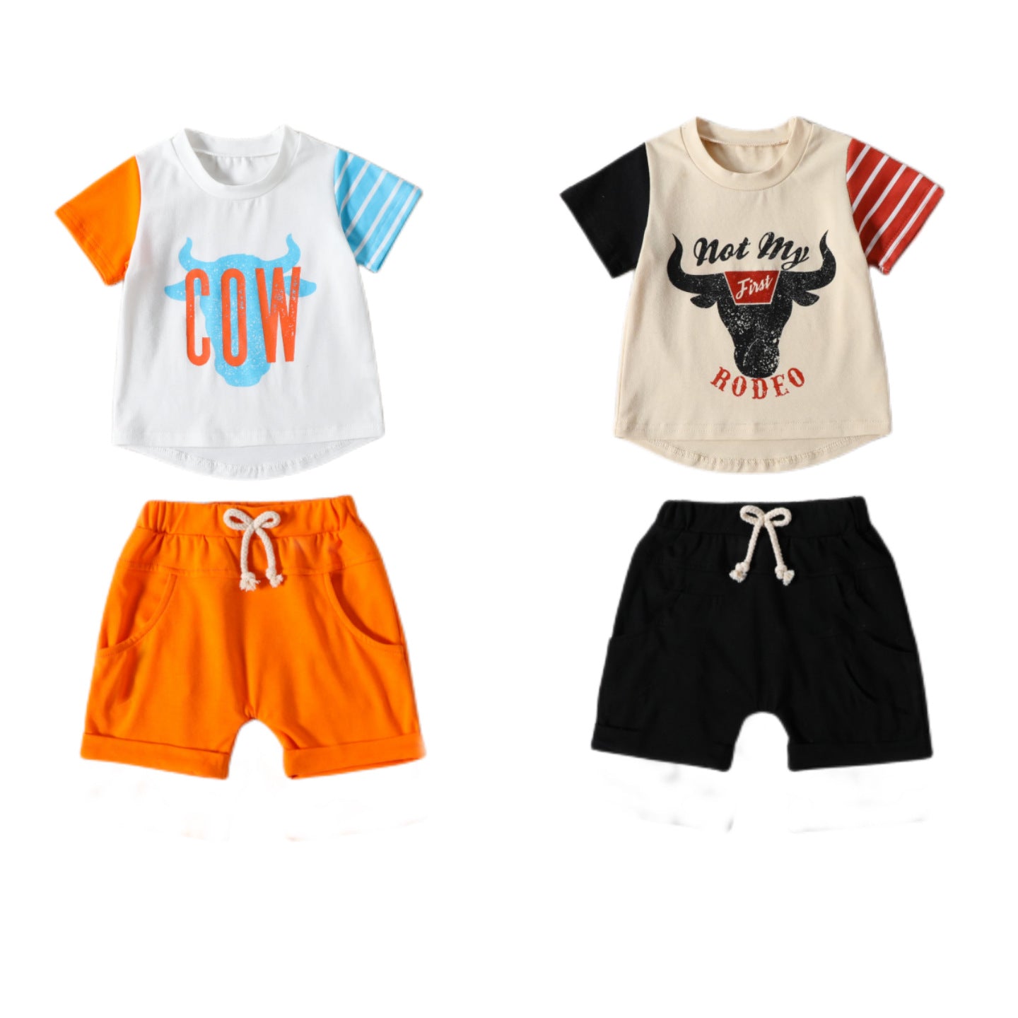 卸売コットン ウエスタン デニム スタイル パッチワーク カラー T シャツとショーツ セット