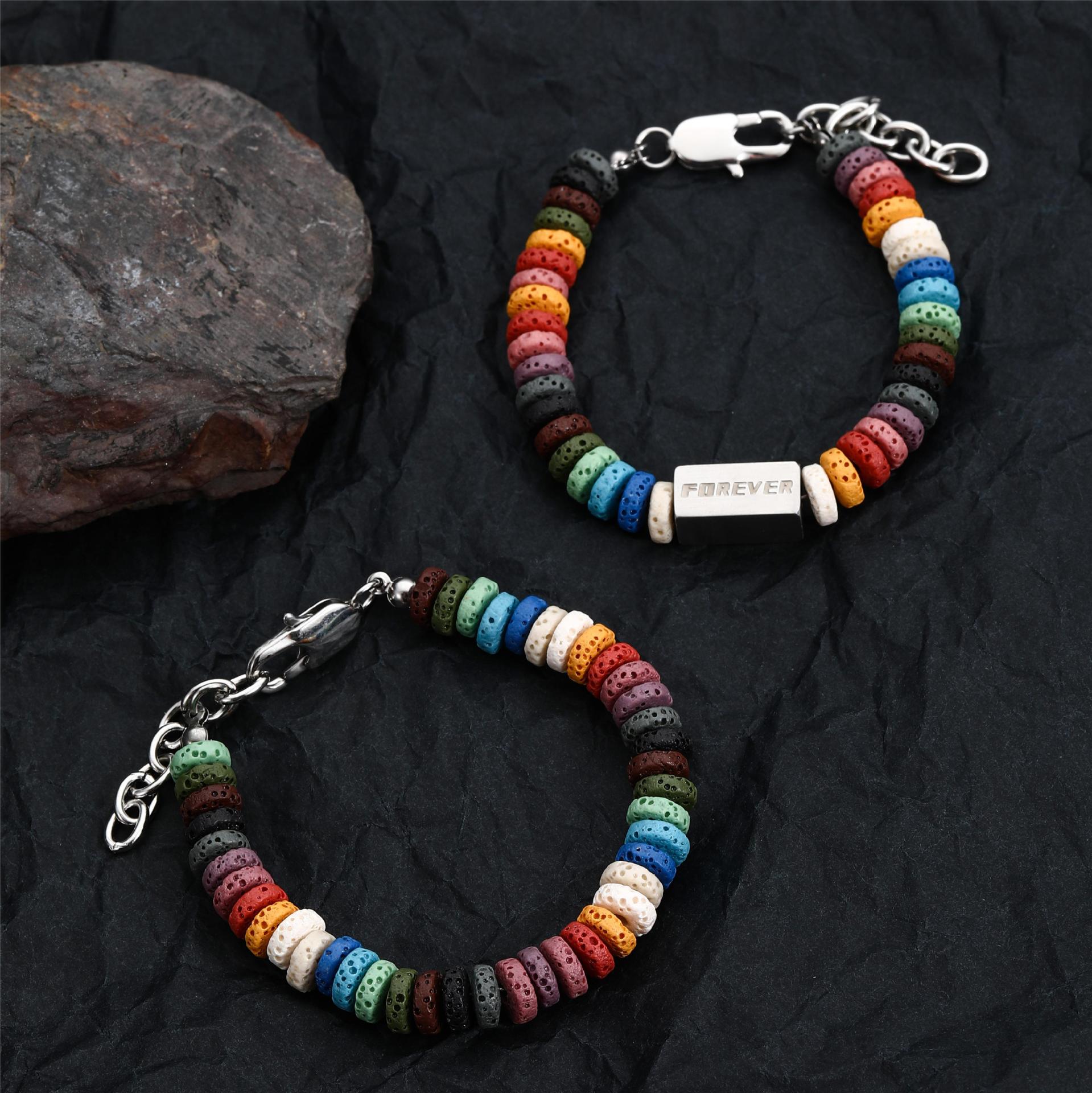 Wholesale Colorful Volcanic Stone Titanium Steel Stitching Bracelet