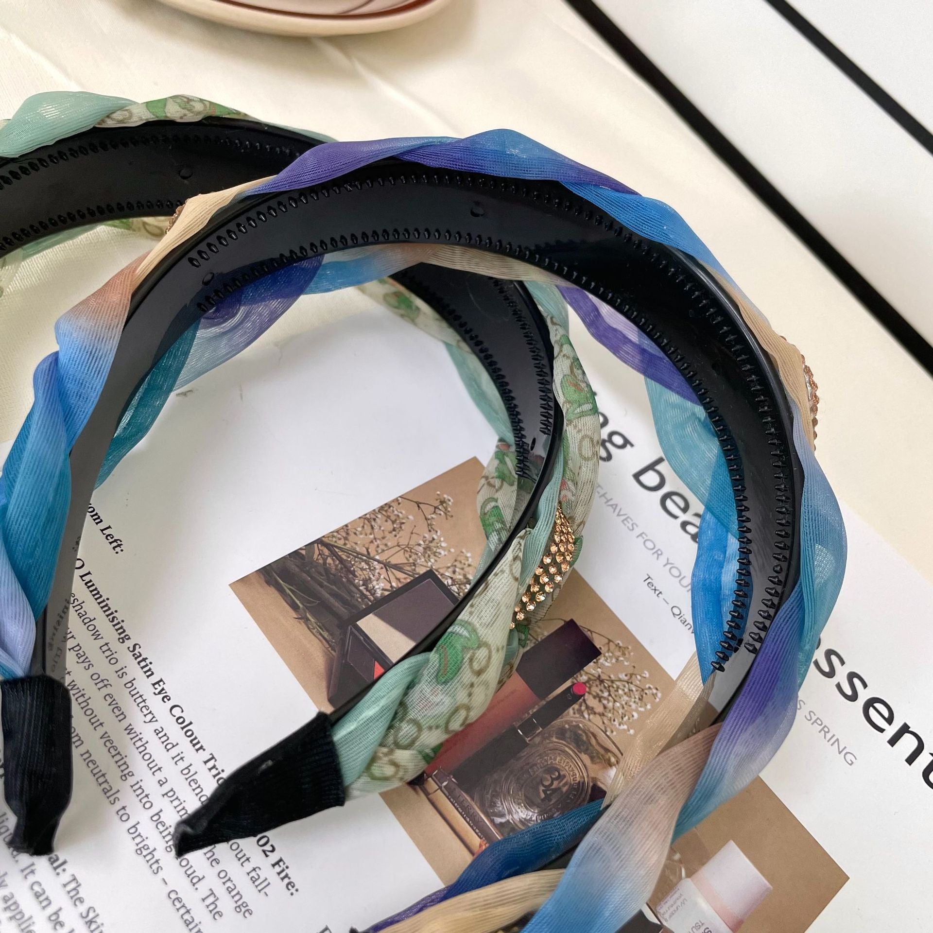 Wholesale Rhinestone Colorful Braided Stitching Organza Twist Headbands