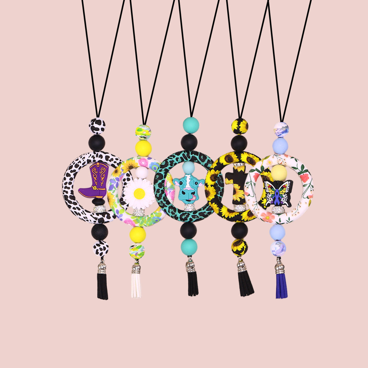 Wholesale Silicone Ring Keychain Christmas Cow Head Cross Flower Bead Pendant