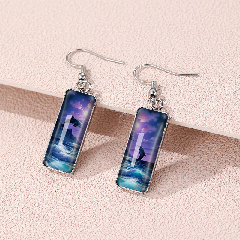 Wholesale Dolphin Time Gemstone Rectangular Glass Earrings
