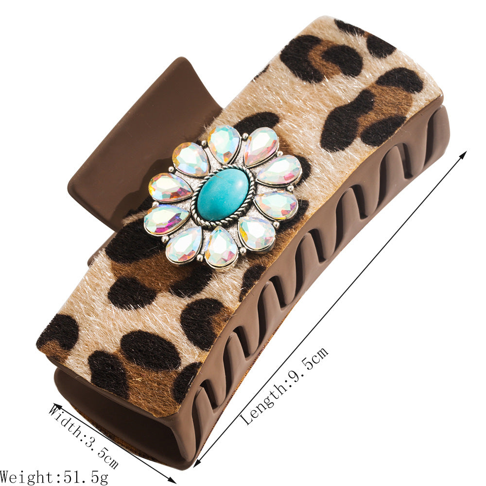 Wholesale Ancient Silver Alloy Turquoise Hair Clip Retro Leopard Print Sequined Leather Hair Clips