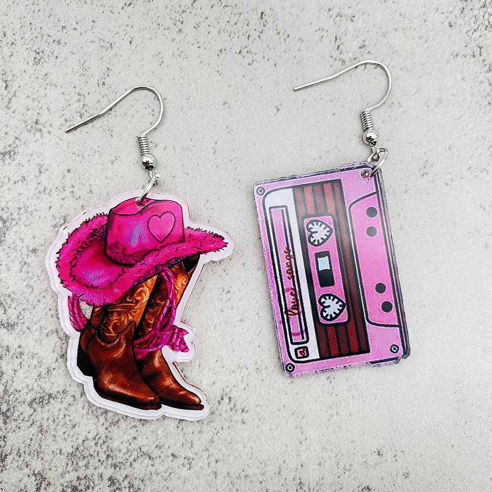 Wholesale Valentine's Day Cassette Tapes, Pink Cowboy Hats, Boots, Acrylic Earrings