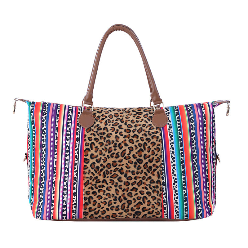 Wholesale Western Aztec Leopard Canvas Women's Portable Travel Shoulder Black and White Plaid Cow Bag