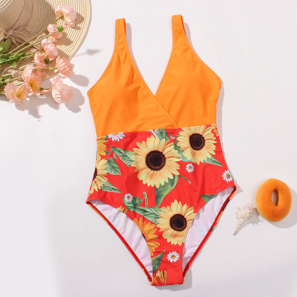 Wholesale gathered slimming bow sunflower printed polyester fiber Swimwear
