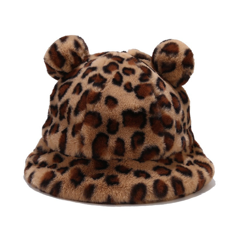 Wholesale Leopard Print Double Hair Pom Thick Plush Bucket Hat