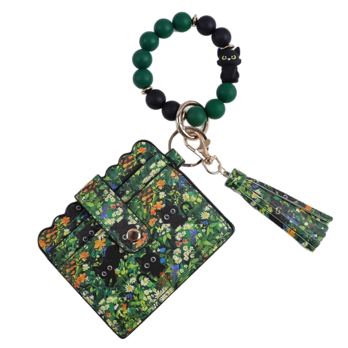 Wholesale Silicone Bead Bracelet Card Holder Keychain PU Tassel Beaded Animal Print