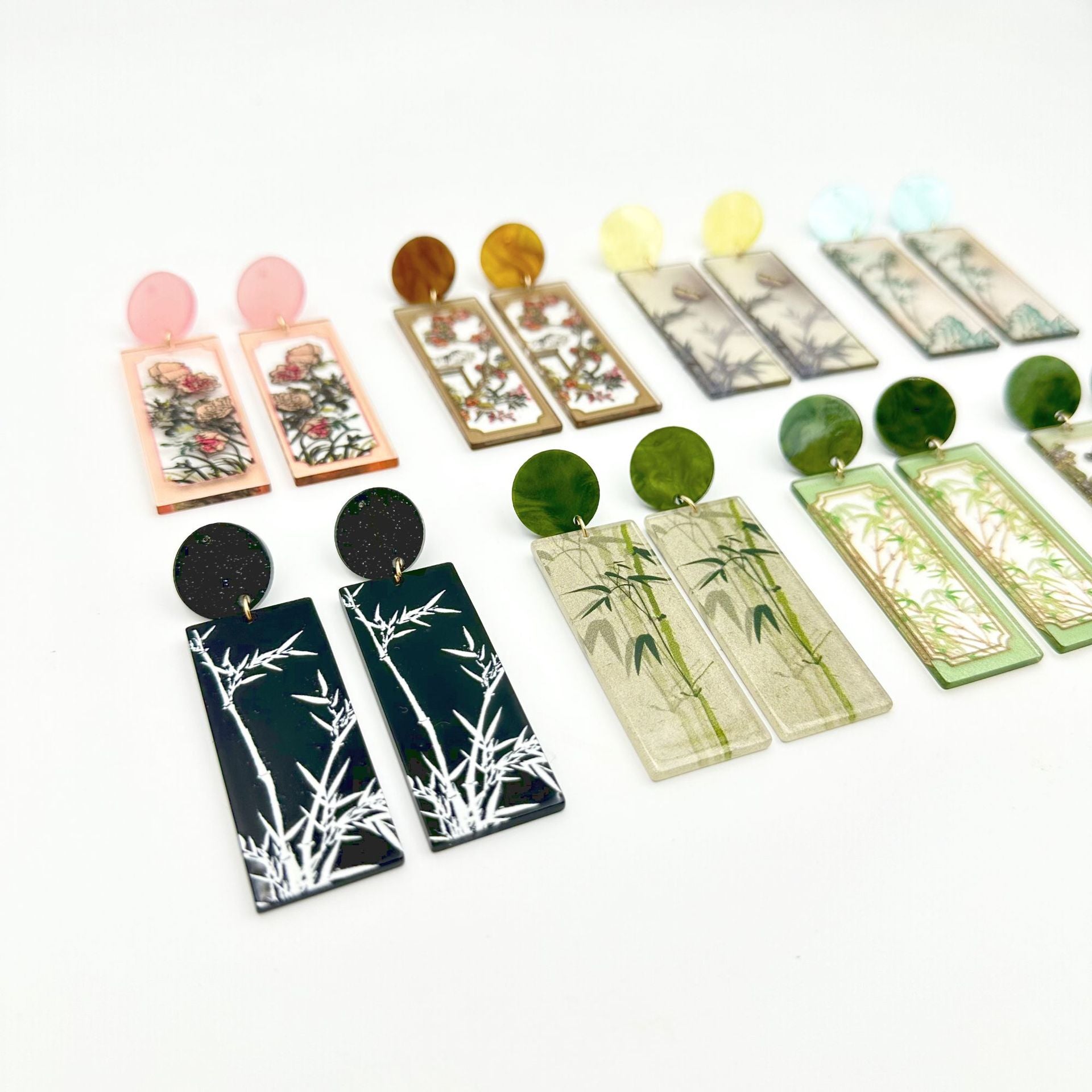Wholesale Chinese Style Bamboo Flower Standing Print Acrylic Earrings