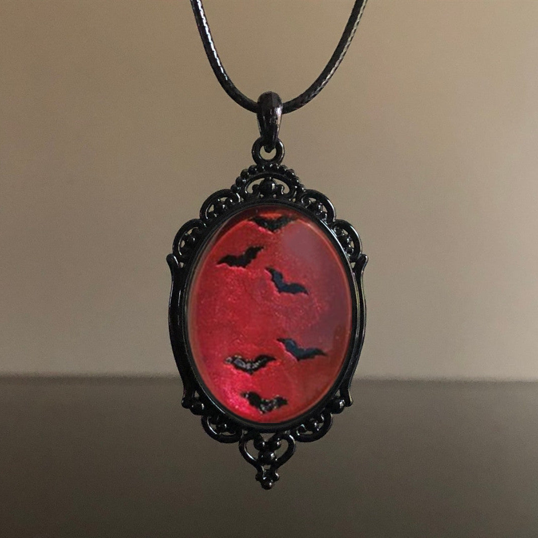 Wholesale Red Bat Glass Pendant Black Alloy Necklaces