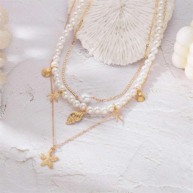 Wholesale Summer retro holiday style beach shell imitation pearl conch multi-layer women's necklace starfish pendant necklace set