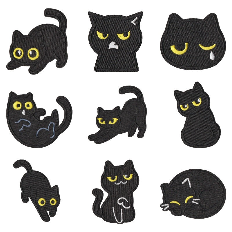 Wholesale Chic Black Cat Embroidered Patches Iron On Funny Mood Cat Set Of 9 For Clothing Repair And et Decoration