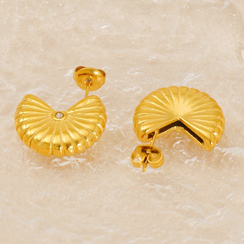 Wholesale Fan-shaped threaded titanium steel earrings for women, geometric vertical stripes earrings