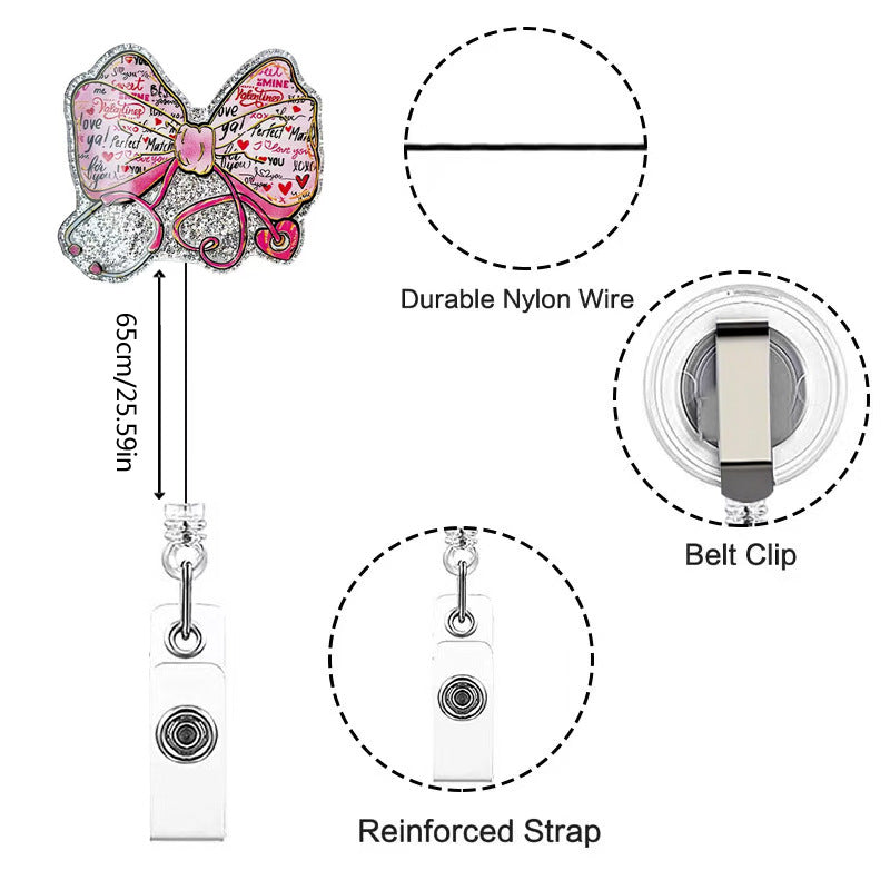 Wholesale Acrylic ID card clip with bow tie  retractable name tag holder easy-pull buckle Badge Reels
