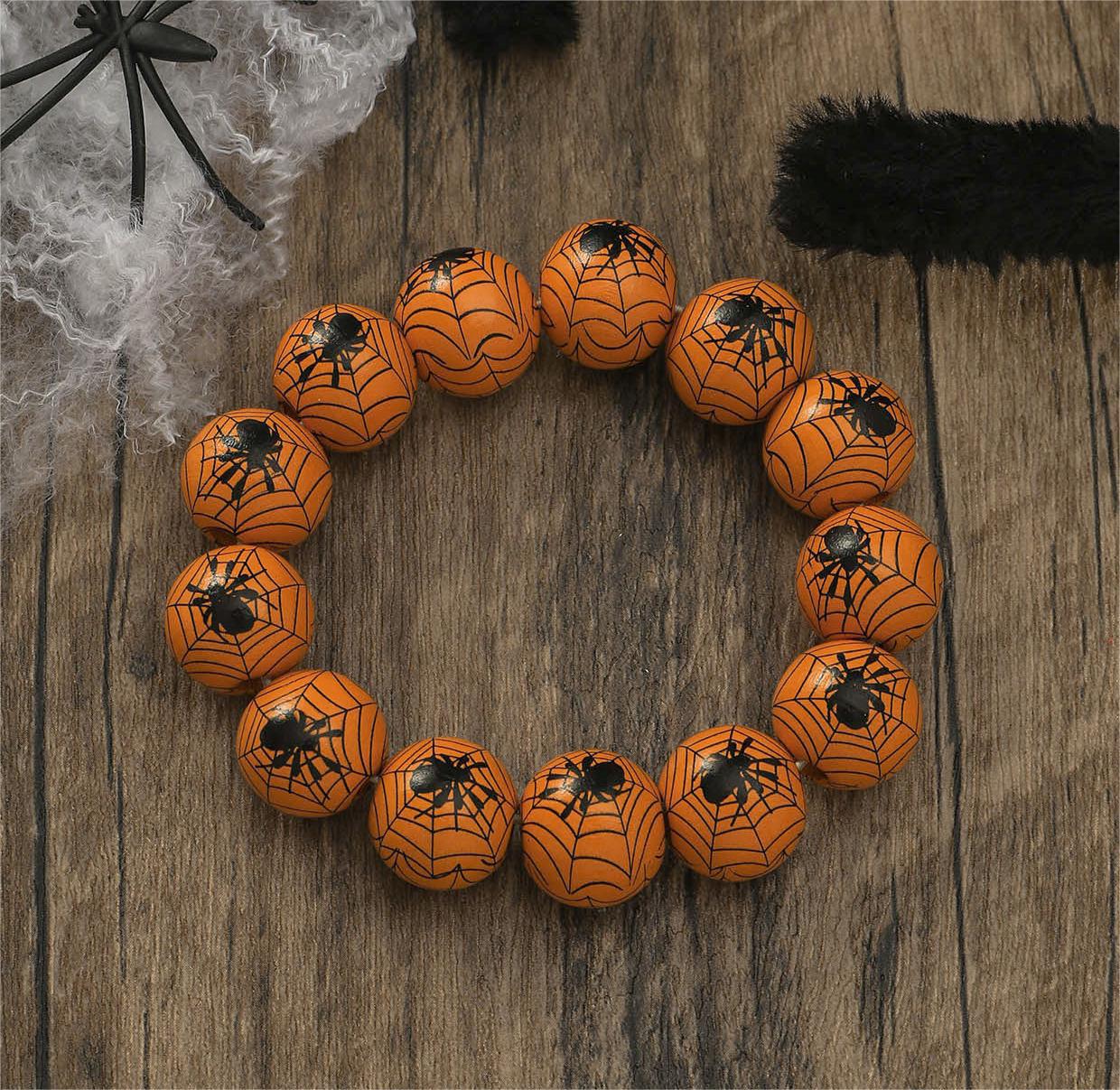 Wholesale Halloween Wooden Beads Pumpkin Spider Print Bracelet
