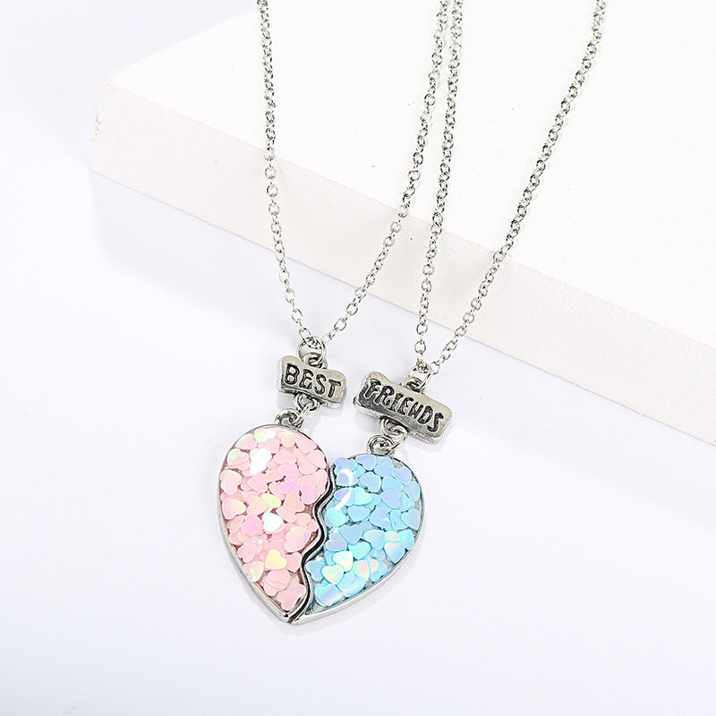 Wholesale Colorful Sequins Good Friends One Pair of Stitching Heart Necklace