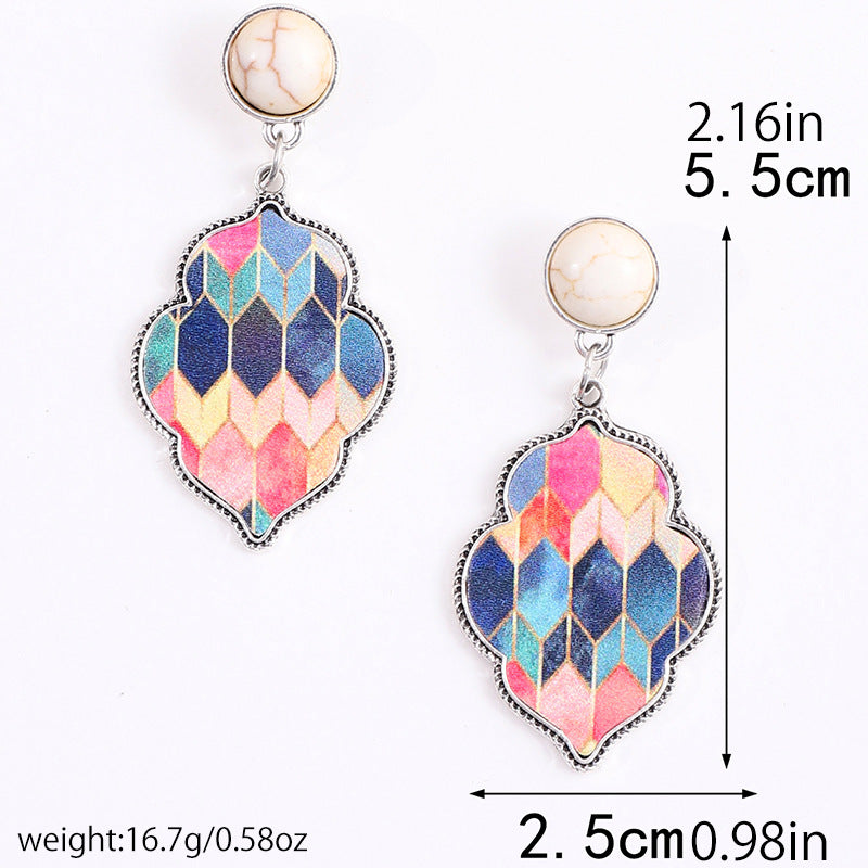 Wholesale Leather Alloy Turquoise Color Quadrilateral Earrings