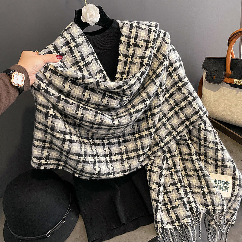 Wholesale Autumn and Winter Imitation Cashmere Contrasting Long Tassel Color Block Plaid Scarf