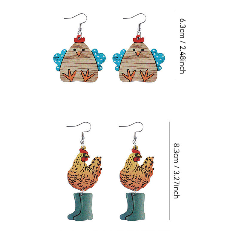Wholesale Farm pastoral style cute hen and chick wooden double-sided Earrings