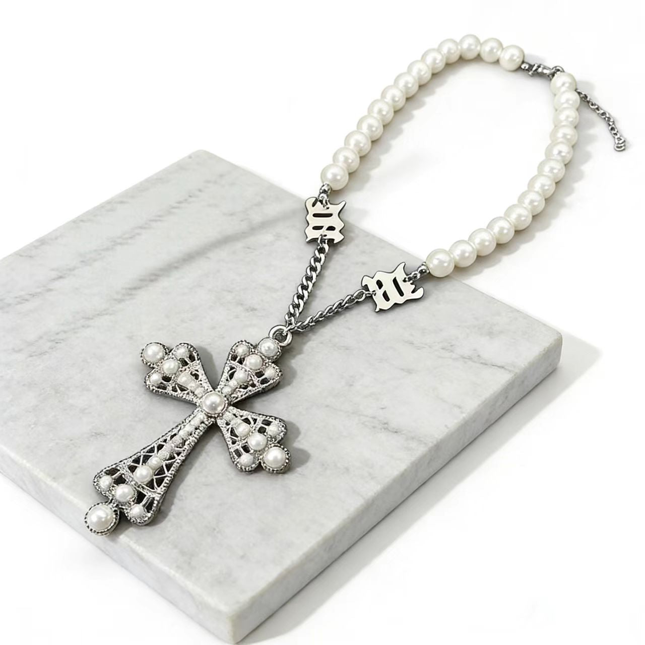 Wholesale Punk style pearl exaggerated cross pendant necklace