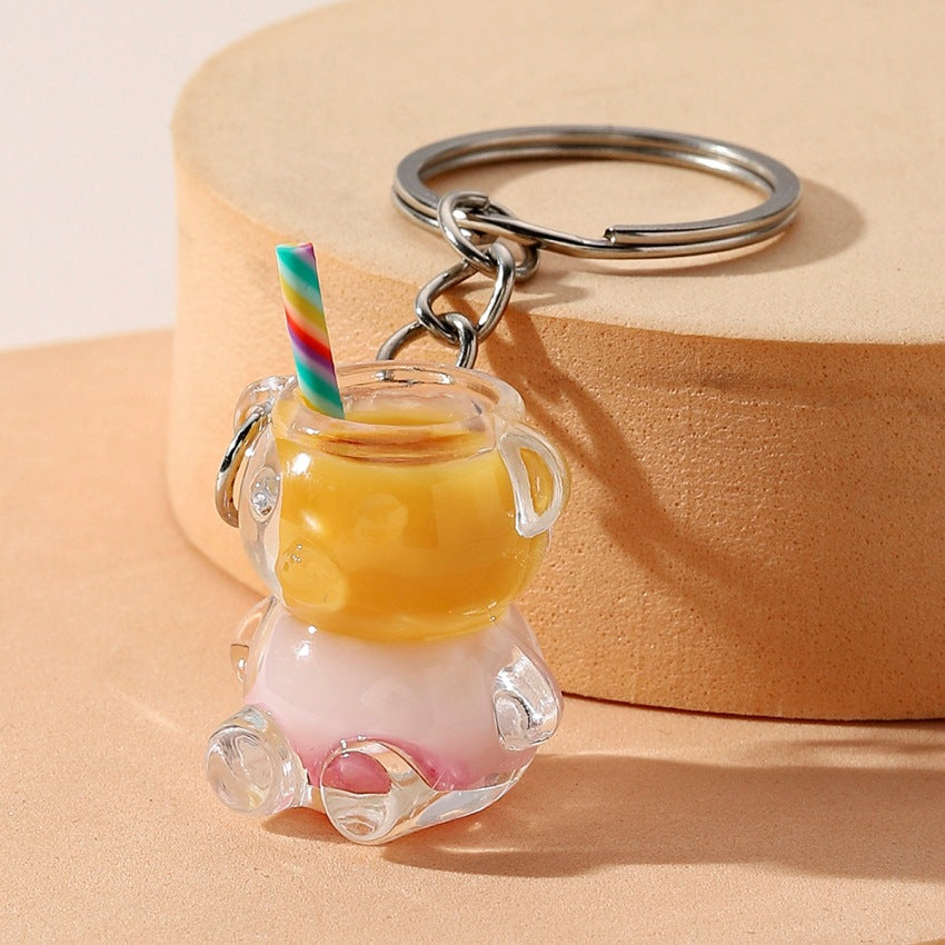 Wholesale Nightlight Bicolor Little Bear Milk Tea Straw Cup Resin Keychain