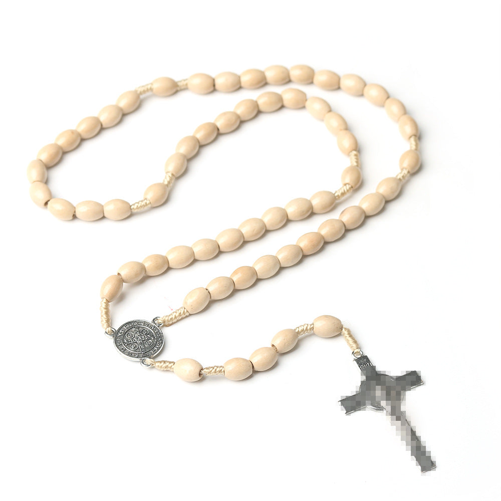 Wholesale Wooden Cross Braided Brown Rosary Necklace