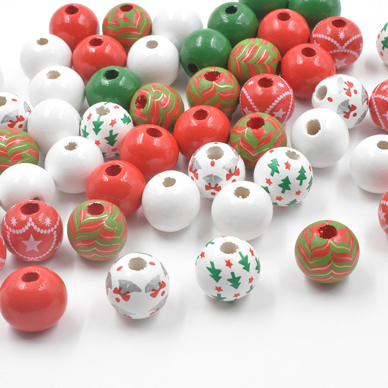 Wholesale 10PCS Christmas Wooden Beads New Year Bell Printed Wooden Beads