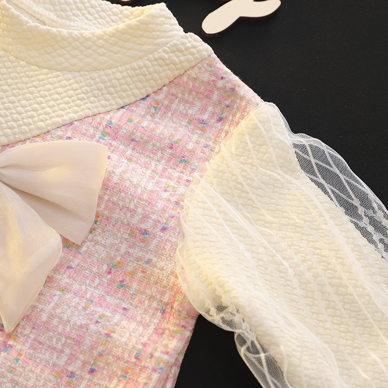 Wholesale Children's Spring Sweet Princess Mesh Bubble Sleeves Round Neck Bow Dress Baby Clothes