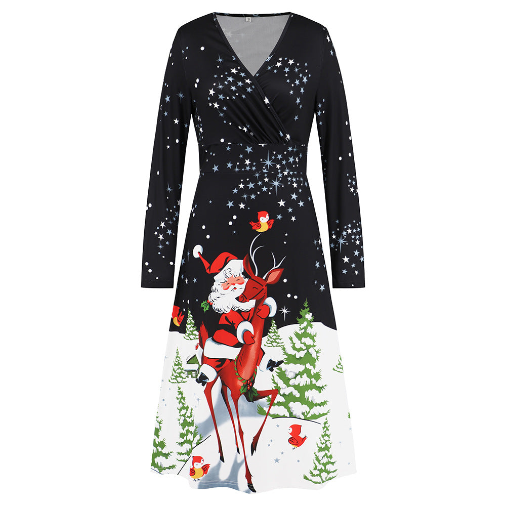 Wholesale Women's V Neck Long Sleeve Christmas Printed Dress