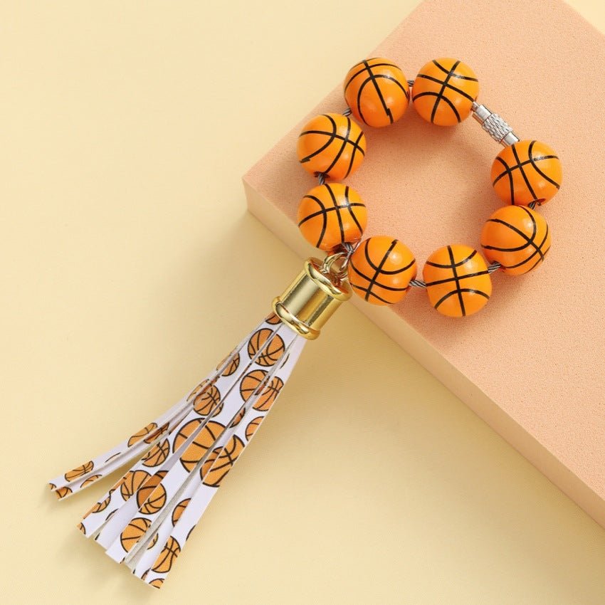 Wholesale Football Wooden Bead Bracelet Wrist Tassel Keychain