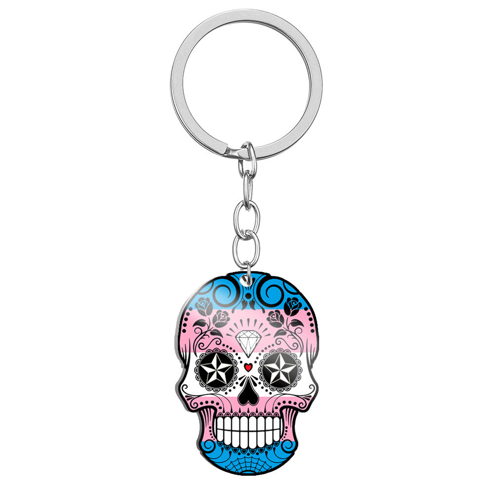 Wholesale 6 Color Rainbow Flag Color Printing Titanium Steel Skull Stainless Steel Keychains