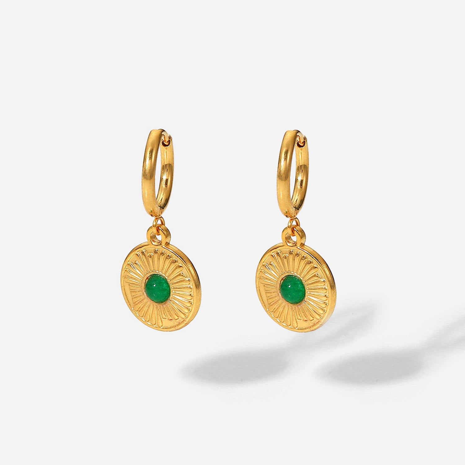 Wholesale Stainless Steel 18K Gold Semi Precious Stone Round Coin Pendant Earrings