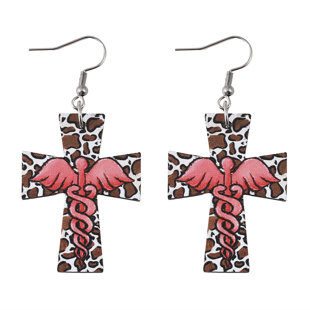 Wholesale Cross Leopard Angel Pendant Earrings Double-sided Earring Gift