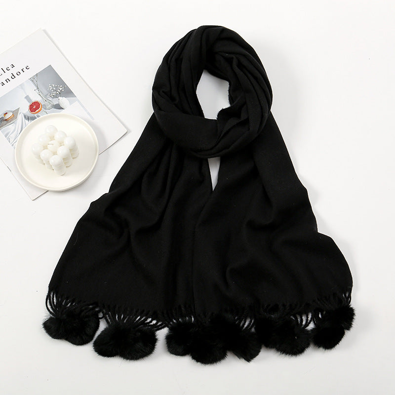 Wholesale Autumn and Winter Imitation Cashmere Scarves, Solid Color Tassel Wool Ball and Plush Necklaces