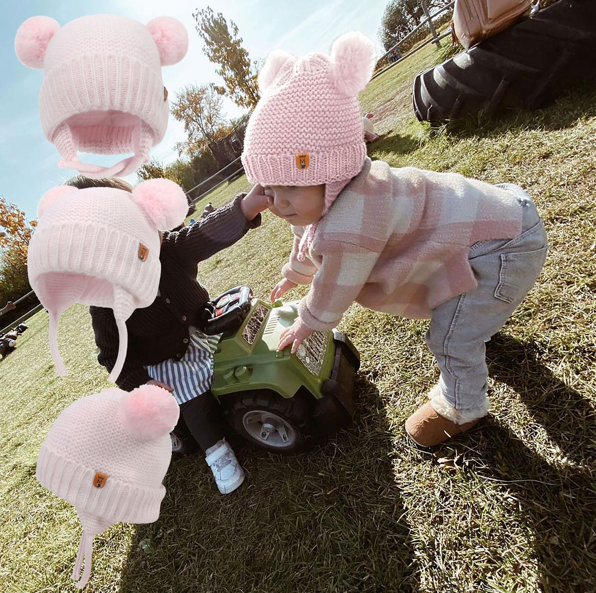 Wholesale Cute Double Ball Earmuffs Knitted Cotton Lining Windproof Rope Pullover Hat