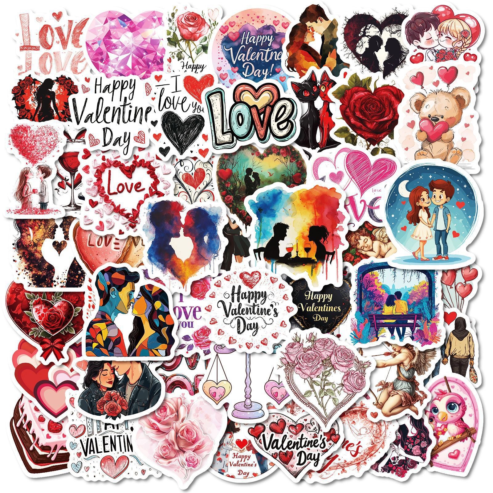 Wholesale 50pcs Romantic Pink Valentine' s Day Cartoon Graffiti Stickers