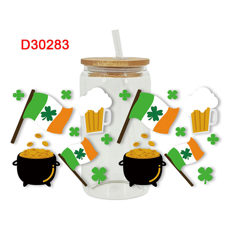 Wholesale Green Cartoon Four-Leaf Clover 16oz Cup UV DTF Wraps