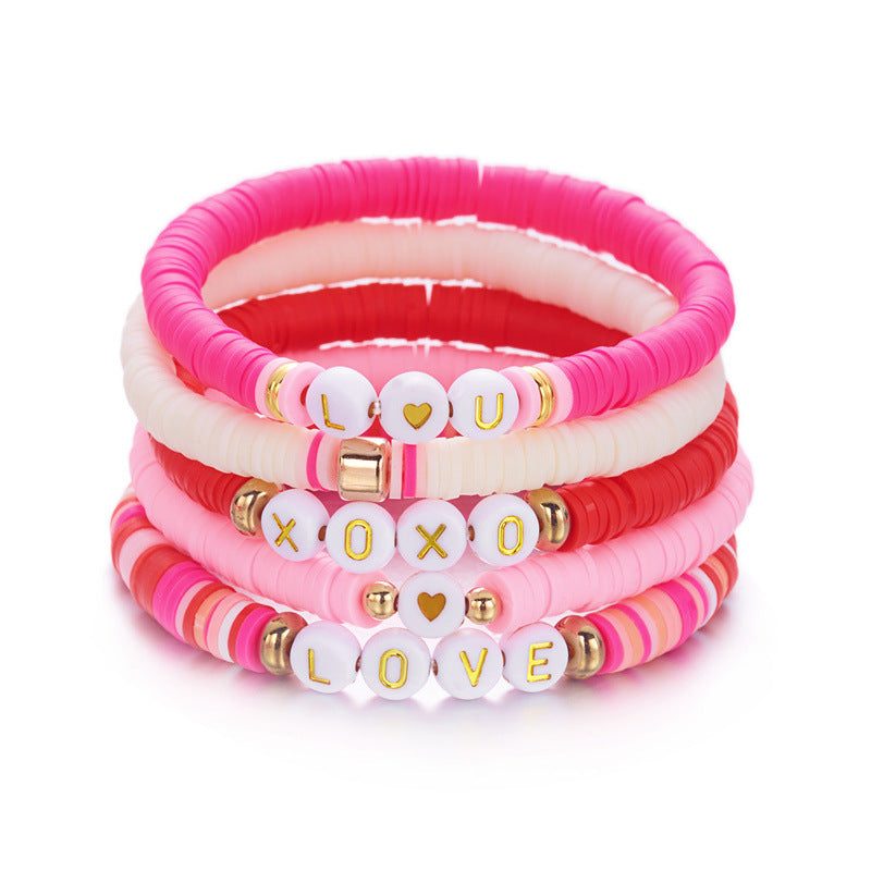 Wholesale Love Soft Ceramic Valentine' s Day Pink Letter  Layered Bracelet Set