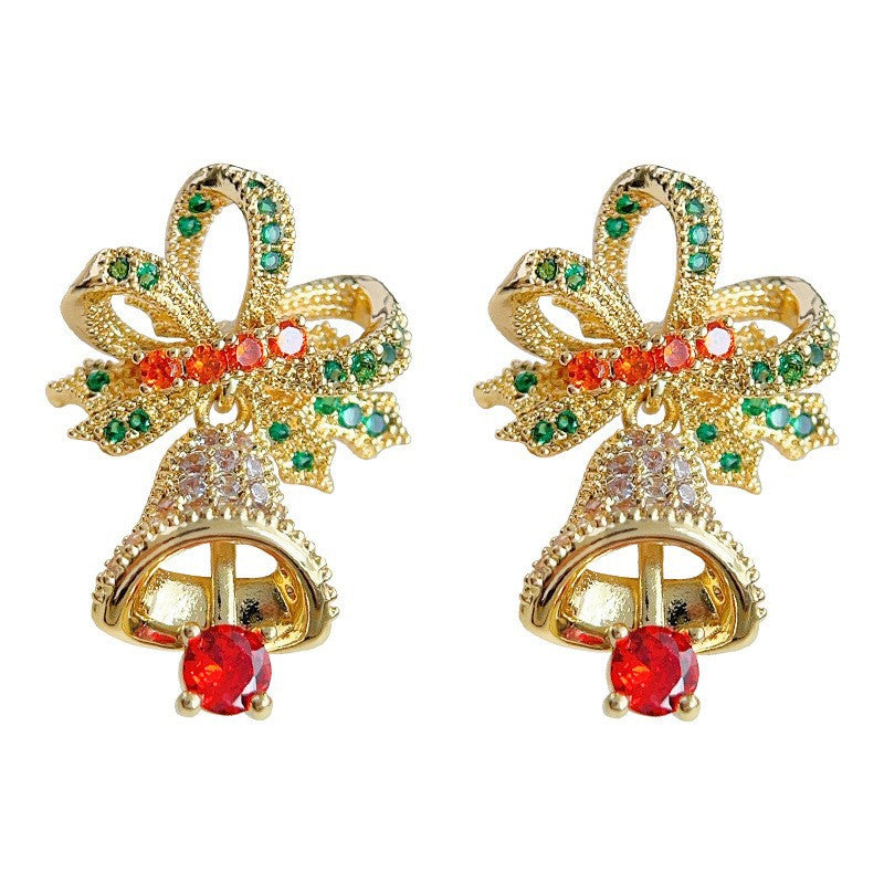 Wholesale Medieval Christmas Series Zircon Bell Bow Earrings