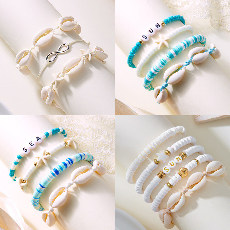 Wholesale Bohemian style conch, starfish, turtle rice bead bracelet set