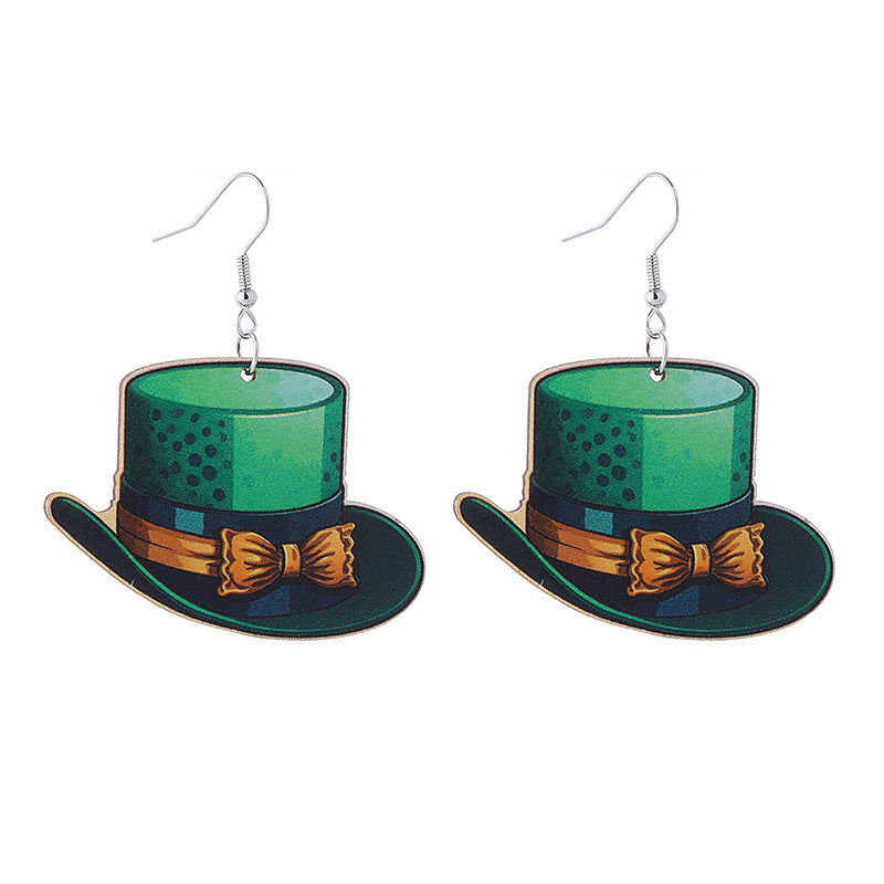 Wholesale St. Parcret festival Green lucky grass rainbow hat beard Irish wooden earrings