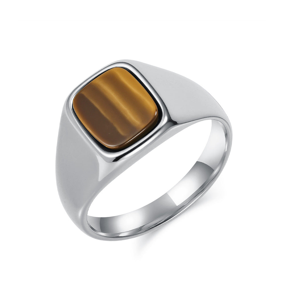 Wholesale Smooth black stone tiger eye gemstone Stainless Steel Rings