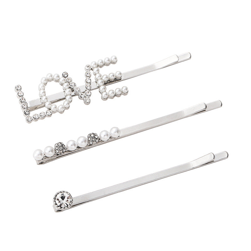 Wholesale LOVE Letter Rhinestone Pearl Hair Clips