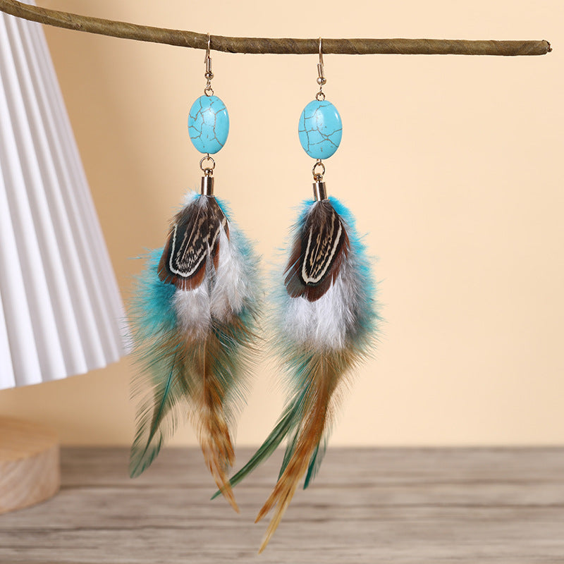 Wholesale Turquoise long feather earrings