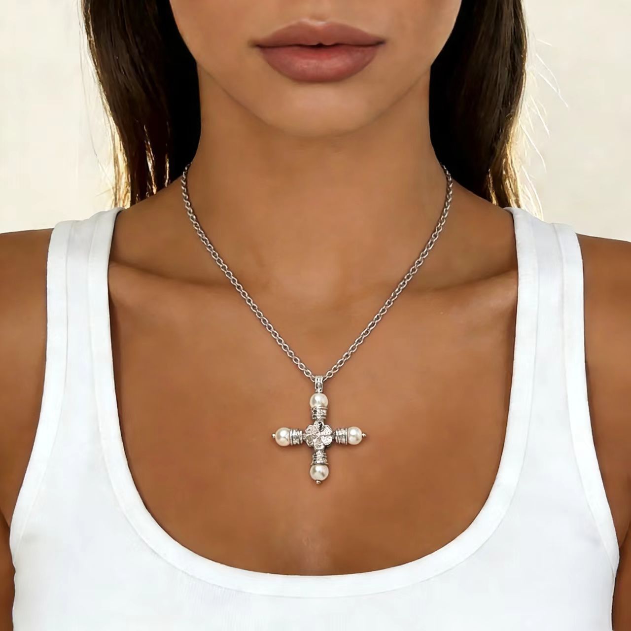 Wholesale Golden pearl zircon cross Baroque style necklace