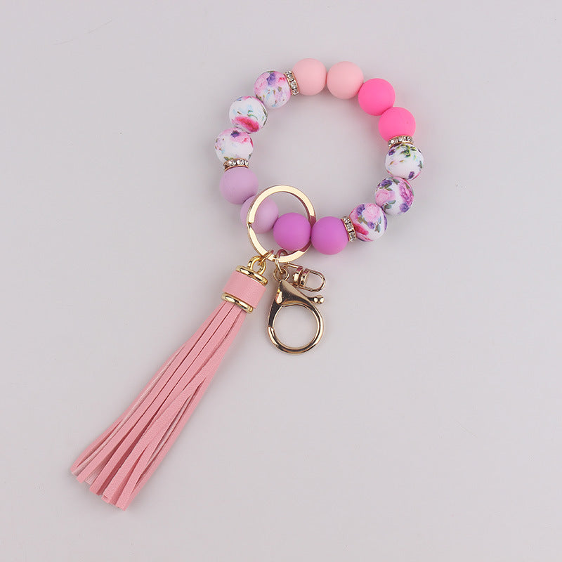 Wholesale 3pcs Food Grade Silicone Bead Key Bracelet Printed Silicone Wrist Keychain