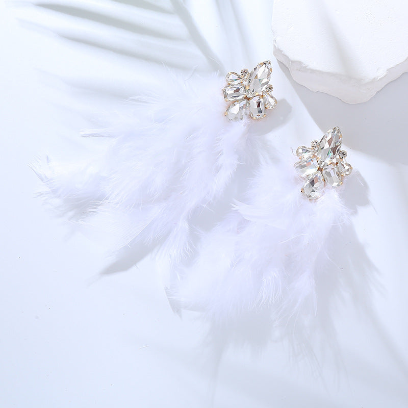 Wholesale Alloy Diamond Feather Flower Long Temperament Tassel Earrings