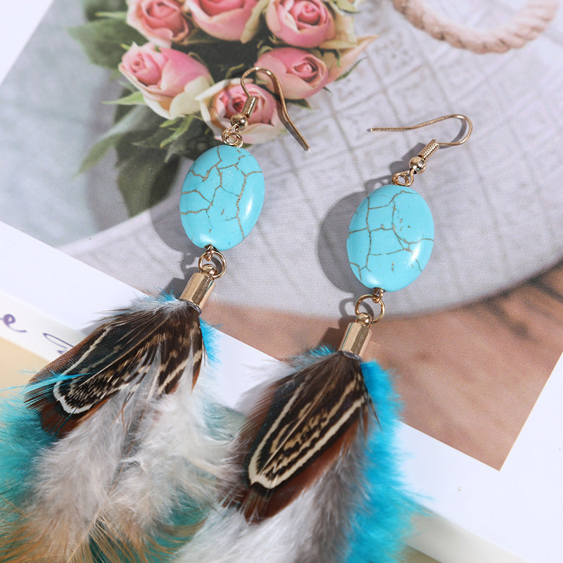 Wholesale Turquoise long feather earrings