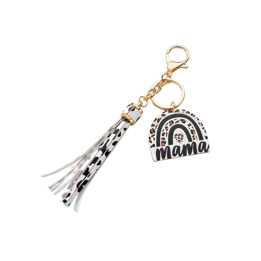 Wholesale MAMA Rainbow Tassel Wooden Keychain